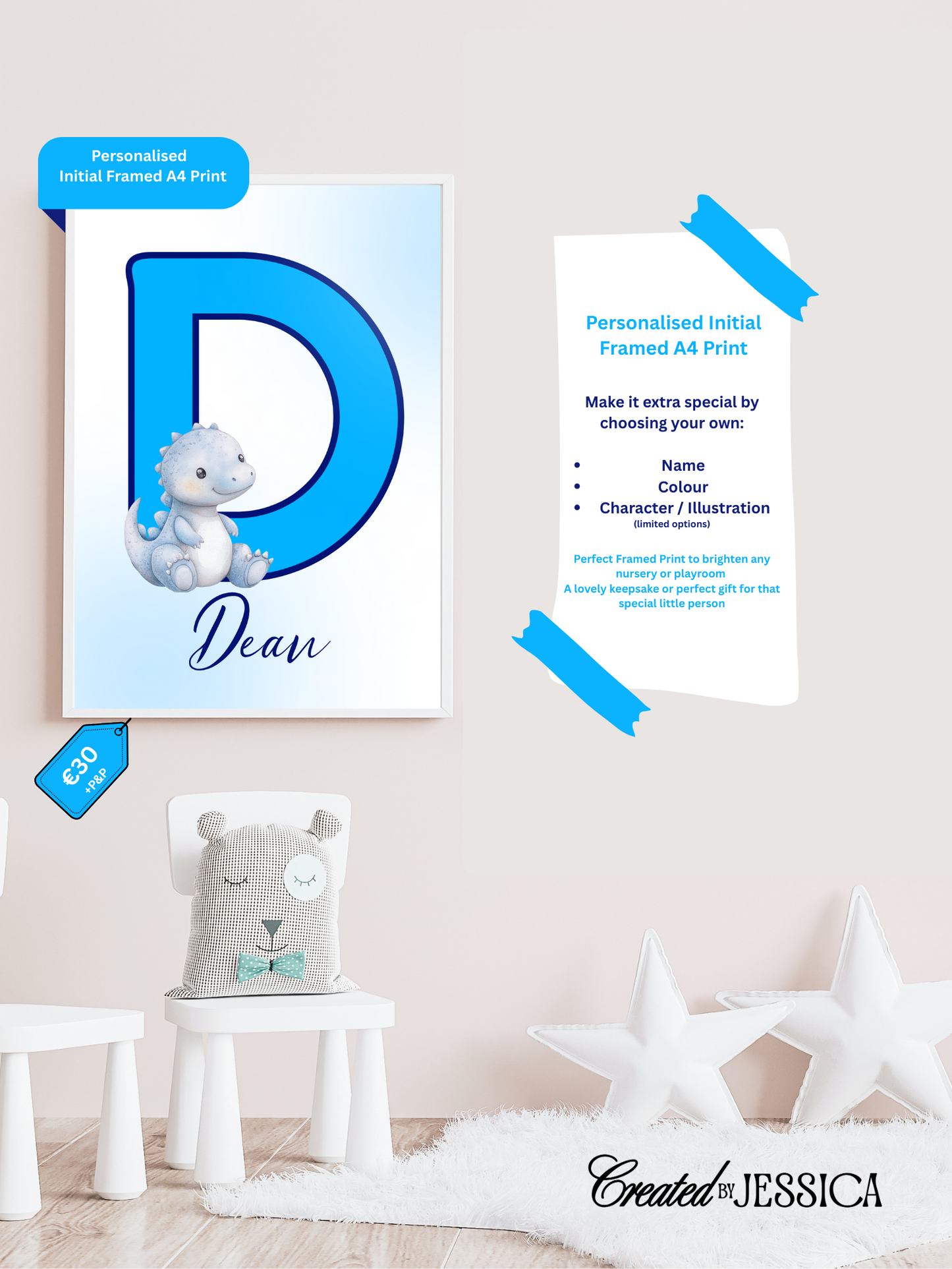 Personalised Initial Framed A4 Print for Boys