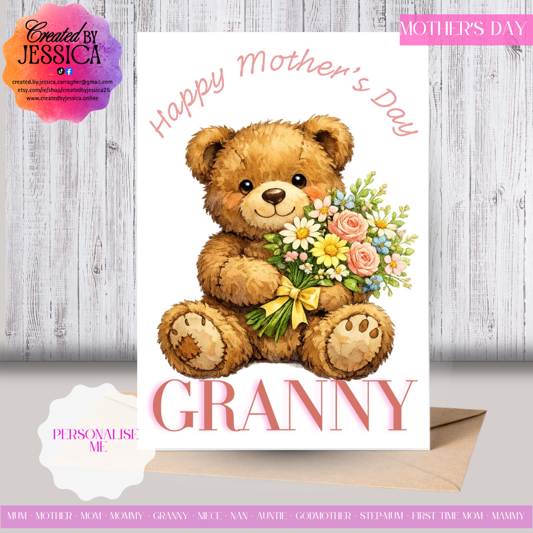Cute Teddy With Flowers - Personalise with Name - Mother's Day Collection