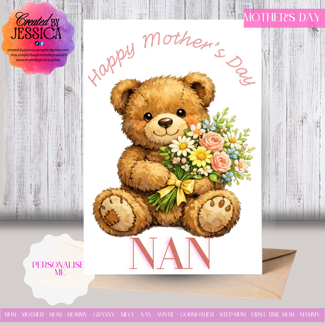 Cute Teddy With Flowers - Personalise with Name - Mother's Day Collection