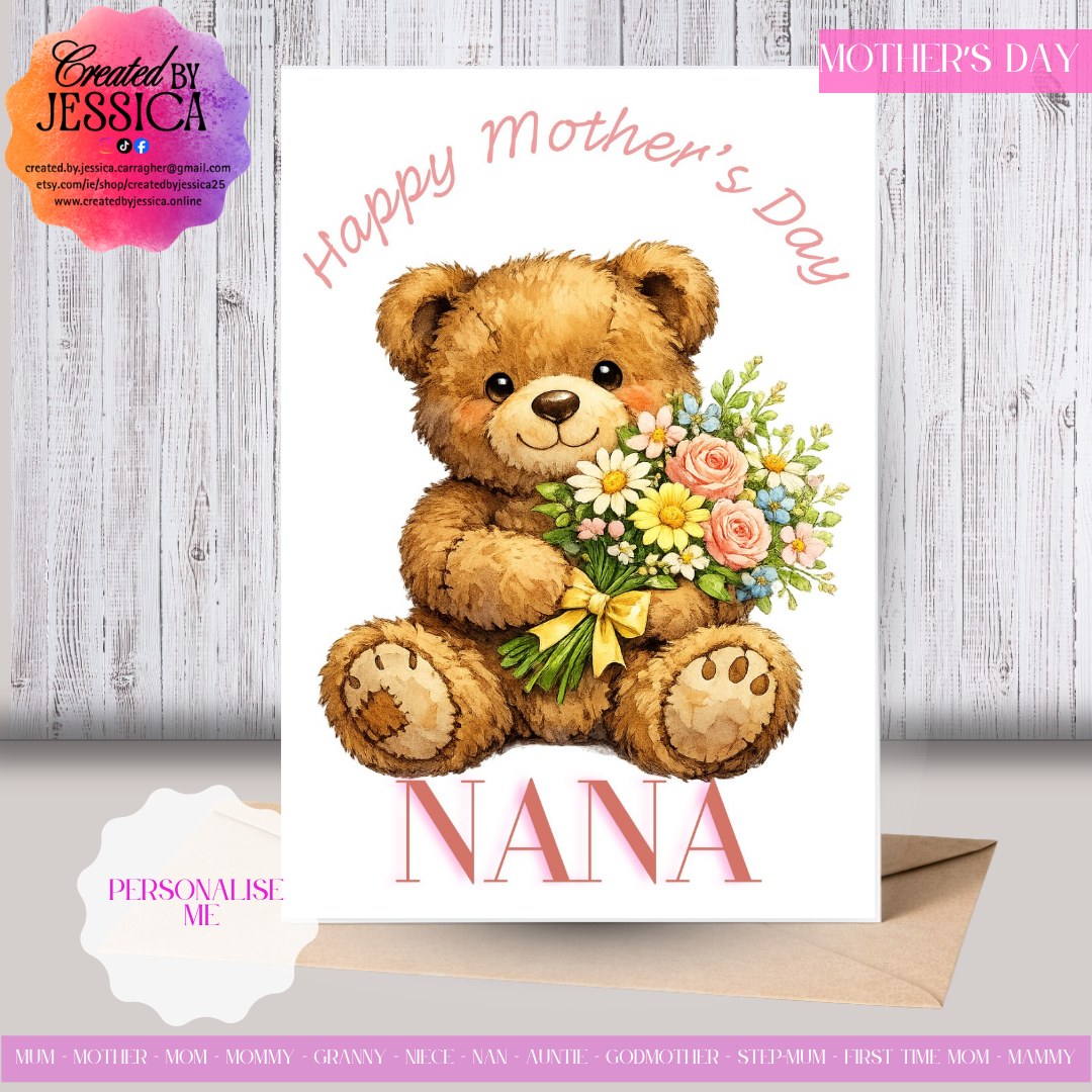 Cute Teddy With Flowers - Personalise with Name - Mother's Day Collection