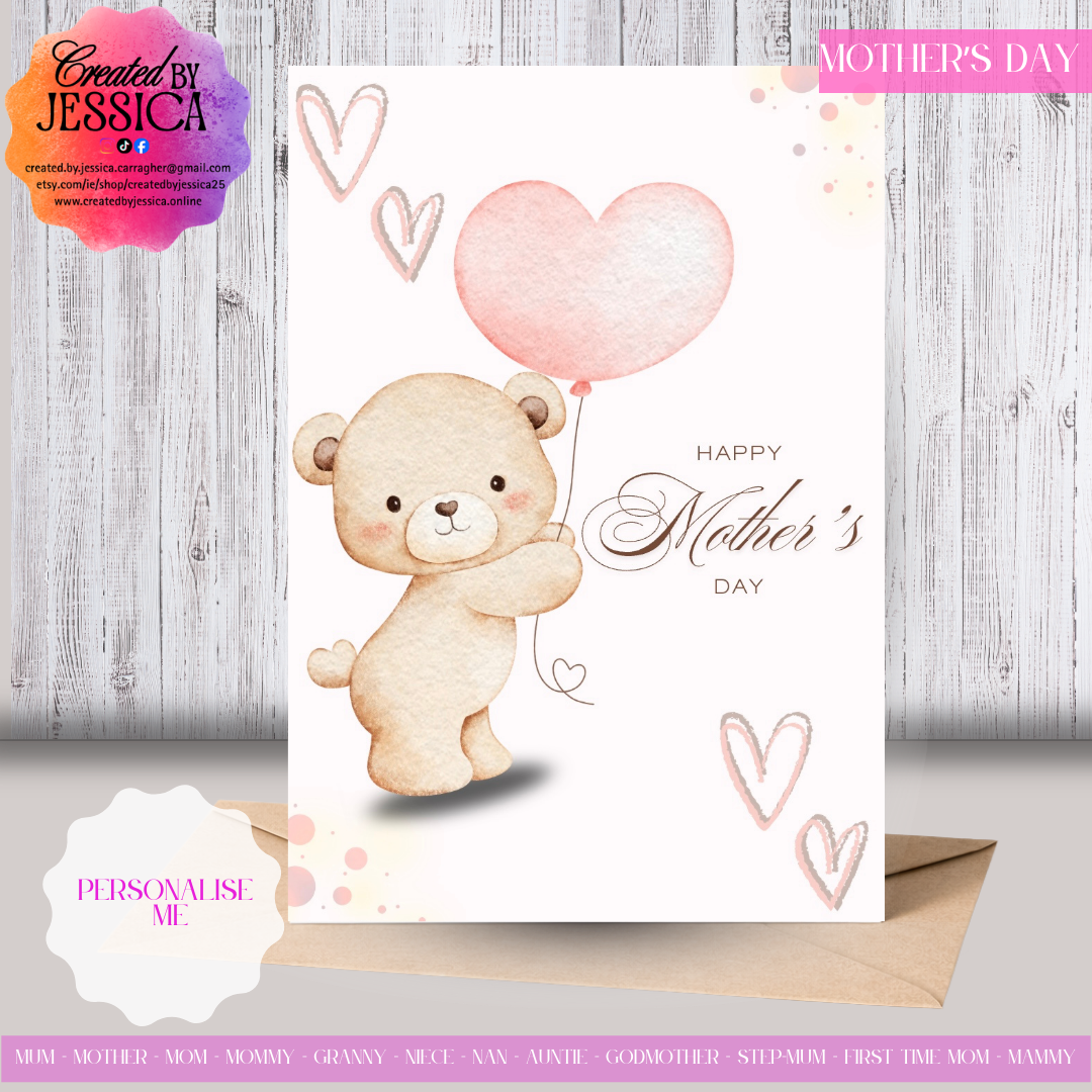 Cute Teddy With Heart Balloon- Personalise with Name - Mother's Day Collection