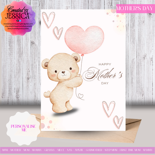 Cute Teddy With Heart Balloon- Personalise with Name - Mother's Day Collection